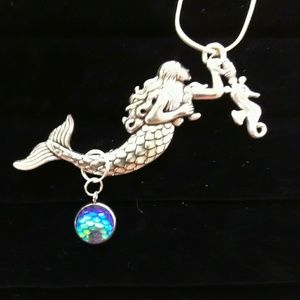 New August mermaid birth scale seahorse necklace